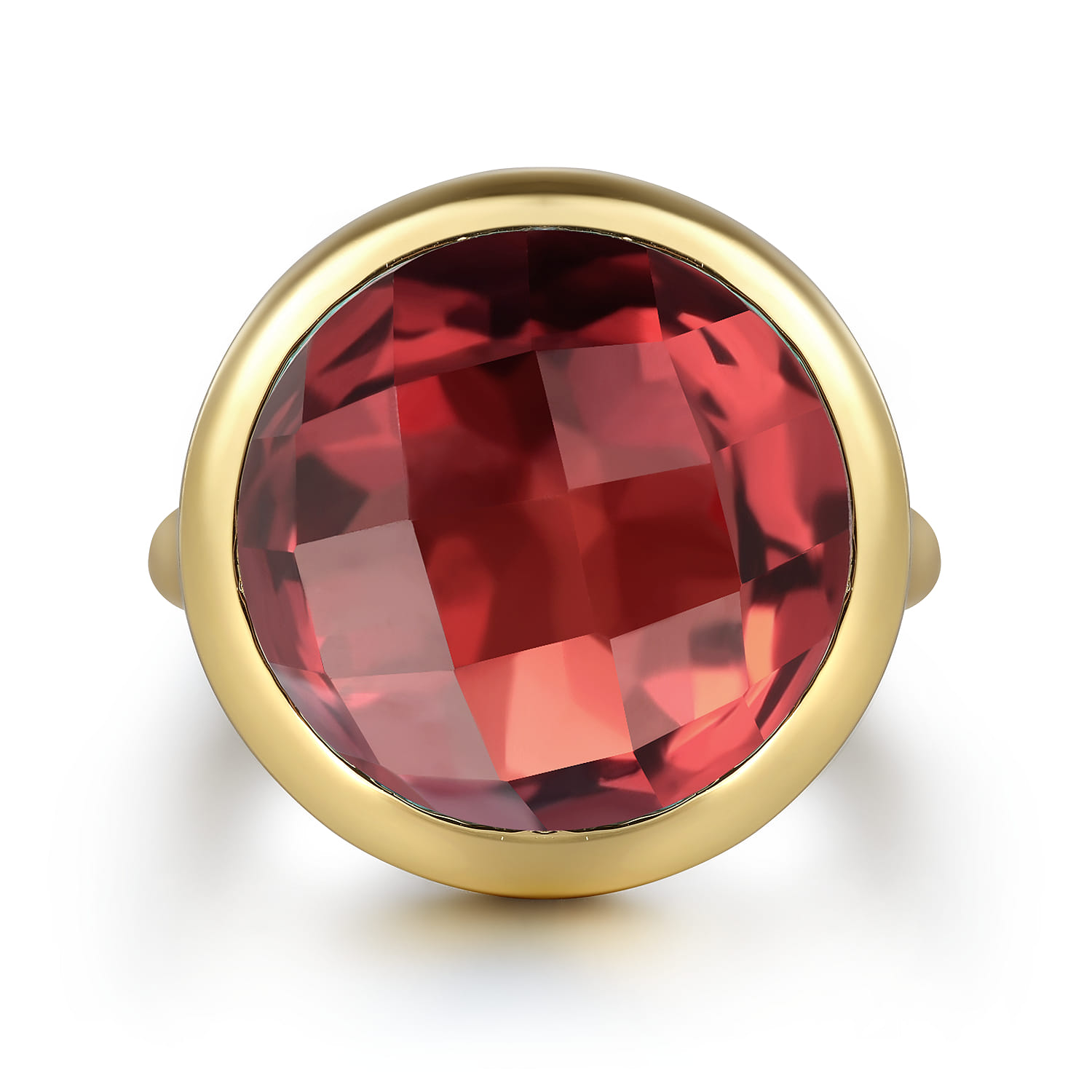 14K Yellow Gold Garnet Round Shape Ladies Ring With Flower Pattern J-Back - Shot 1