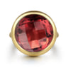 14K Yellow Gold Garnet Round Shape Ladies Ring With Flower Pattern J-Back