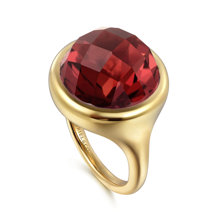 14K Yellow Gold Garnet Round Shape Ladies Ring With Flower Pattern J-Back - Shot 3