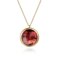 14K Yellow Gold Garnet Round Shape Necklace With Flower Pattern J-Back
