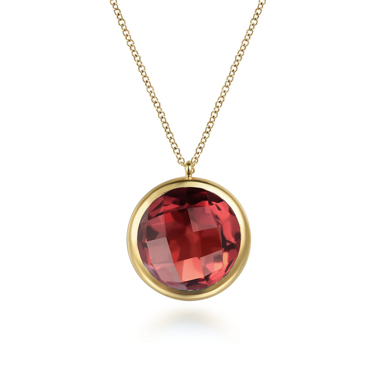 14K Yellow Gold Garnet Round Shape Necklace With Flower Pattern J-Back - Shot 1