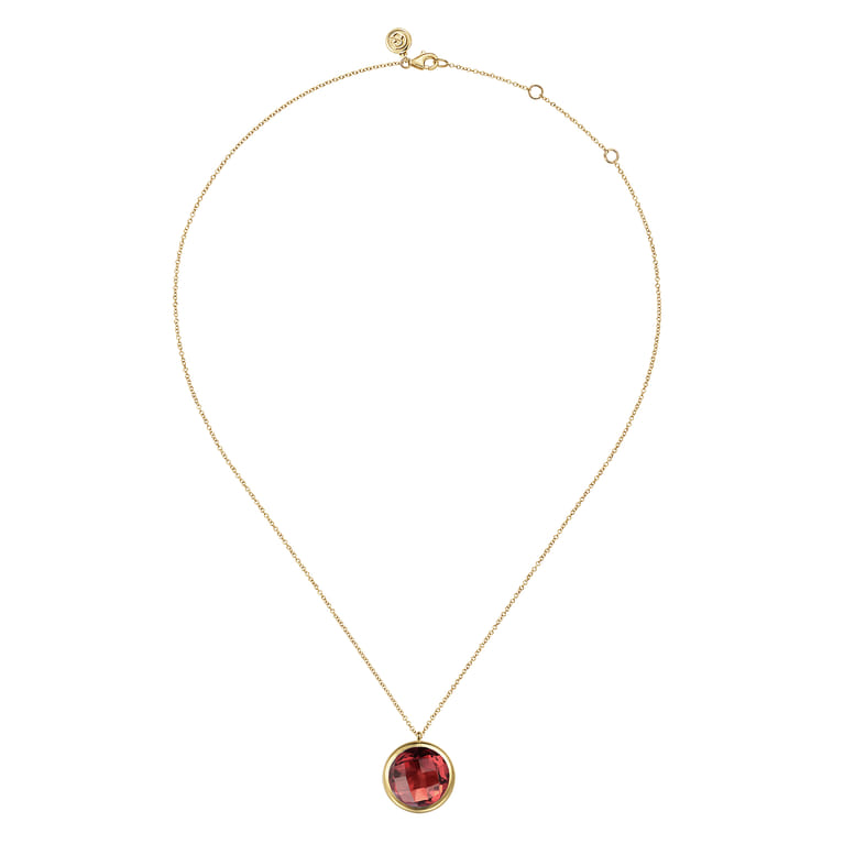 14K Yellow Gold Garnet Round Shape Necklace With Flower Pattern J-Back - Shot 2