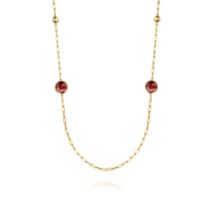 14K Yellow Gold Garnet Round Shape Necklace With Four Stations Beads and Bezel Setting