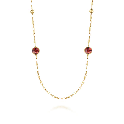 14K Yellow Gold Garnet Round Shape Necklace With Four Stations Beads and Bezel Setting