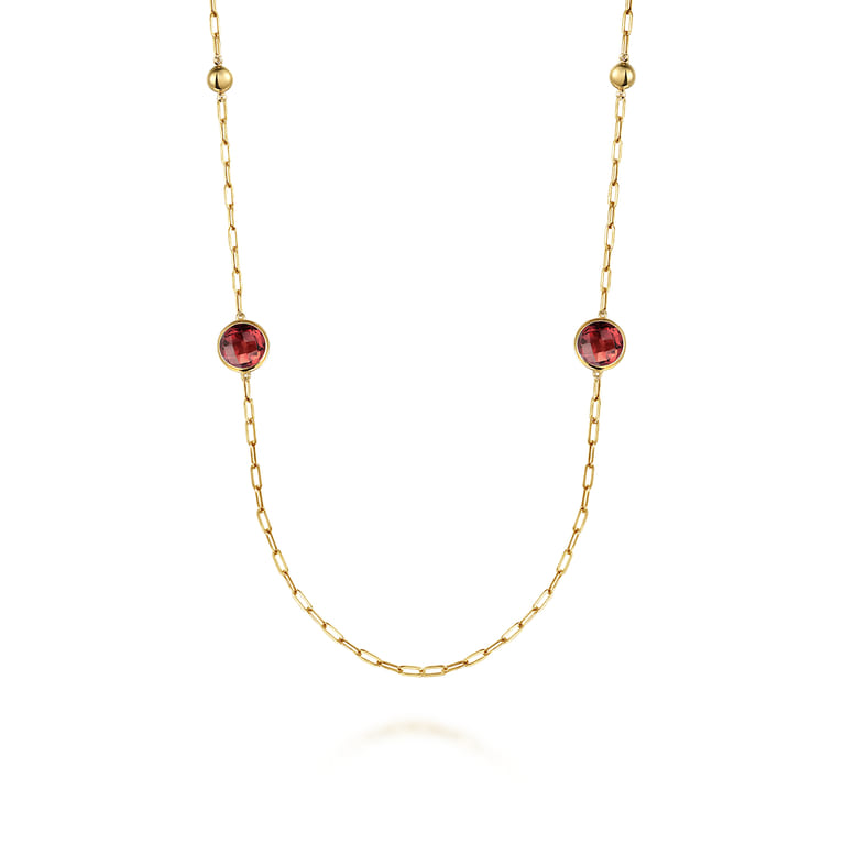 14K Yellow Gold Garnet Round Shape Necklace With Four Stations Beads and Bezel Setting - Shot 1
