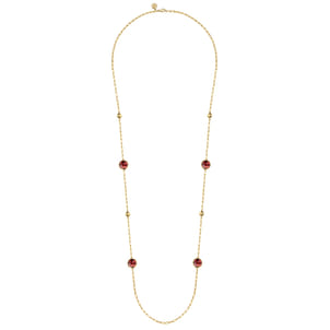 14K Yellow Gold Garnet Round Shape Necklace With Four Stations Beads and Bezel Setting