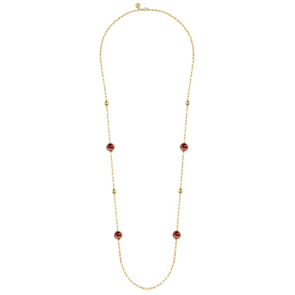 14K Yellow Gold Garnet Round Shape Necklace With Four Stations Beads and Bezel Setting