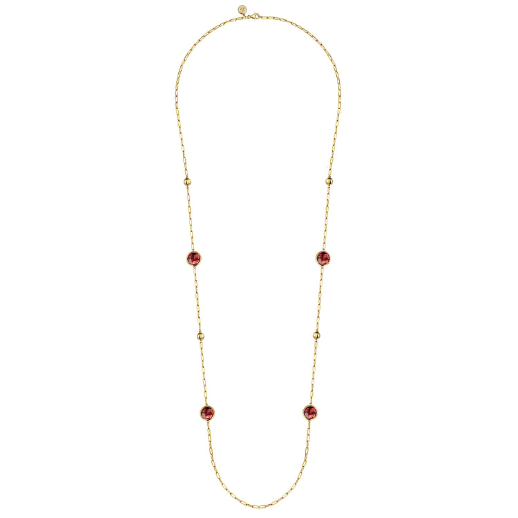 14K Yellow Gold Garnet Round Shape Necklace With Four Stations Beads and Bezel Setting