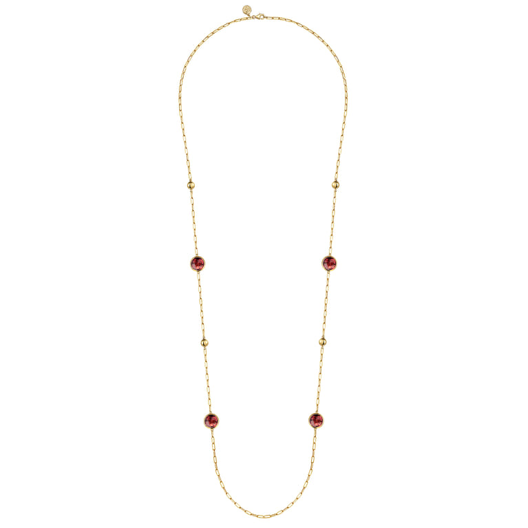 14K Yellow Gold Garnet Round Shape Necklace With Four Stations Beads and Bezel Setting - Shot 2