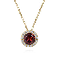 14K Yellow Gold Garnet and Diamond Halo Pendant Necklace