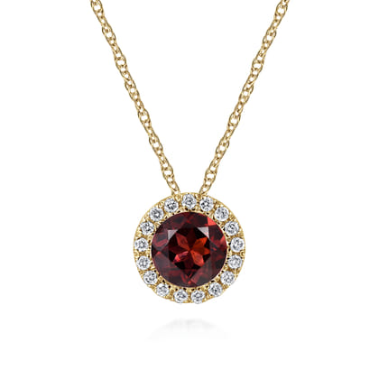 14K Yellow Gold Garnet and Diamond Halo Pendant Necklace