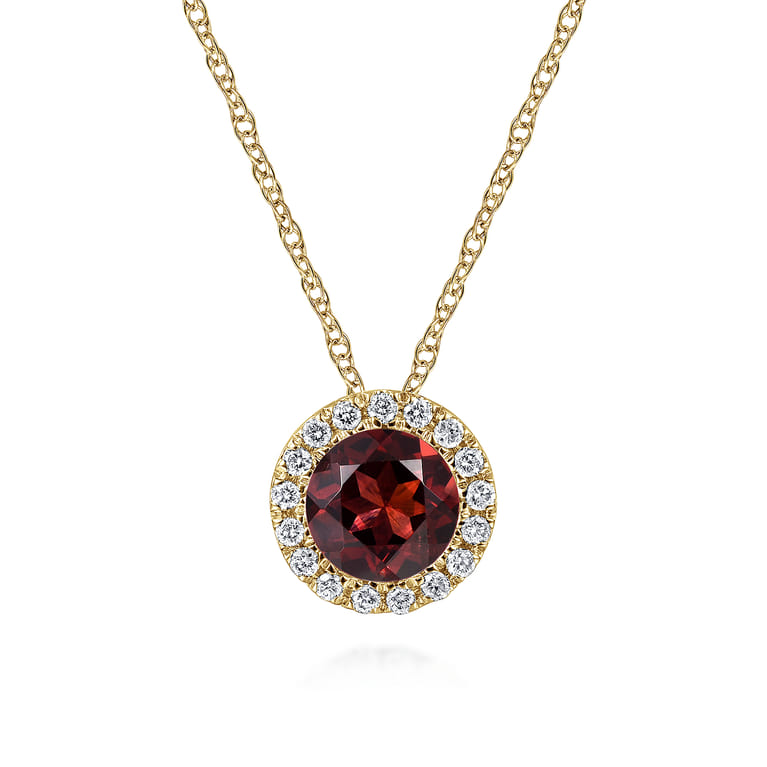 14K Yellow Gold Garnet and Diamond Halo Pendant Necklace - 0.07 ct - Shot 1