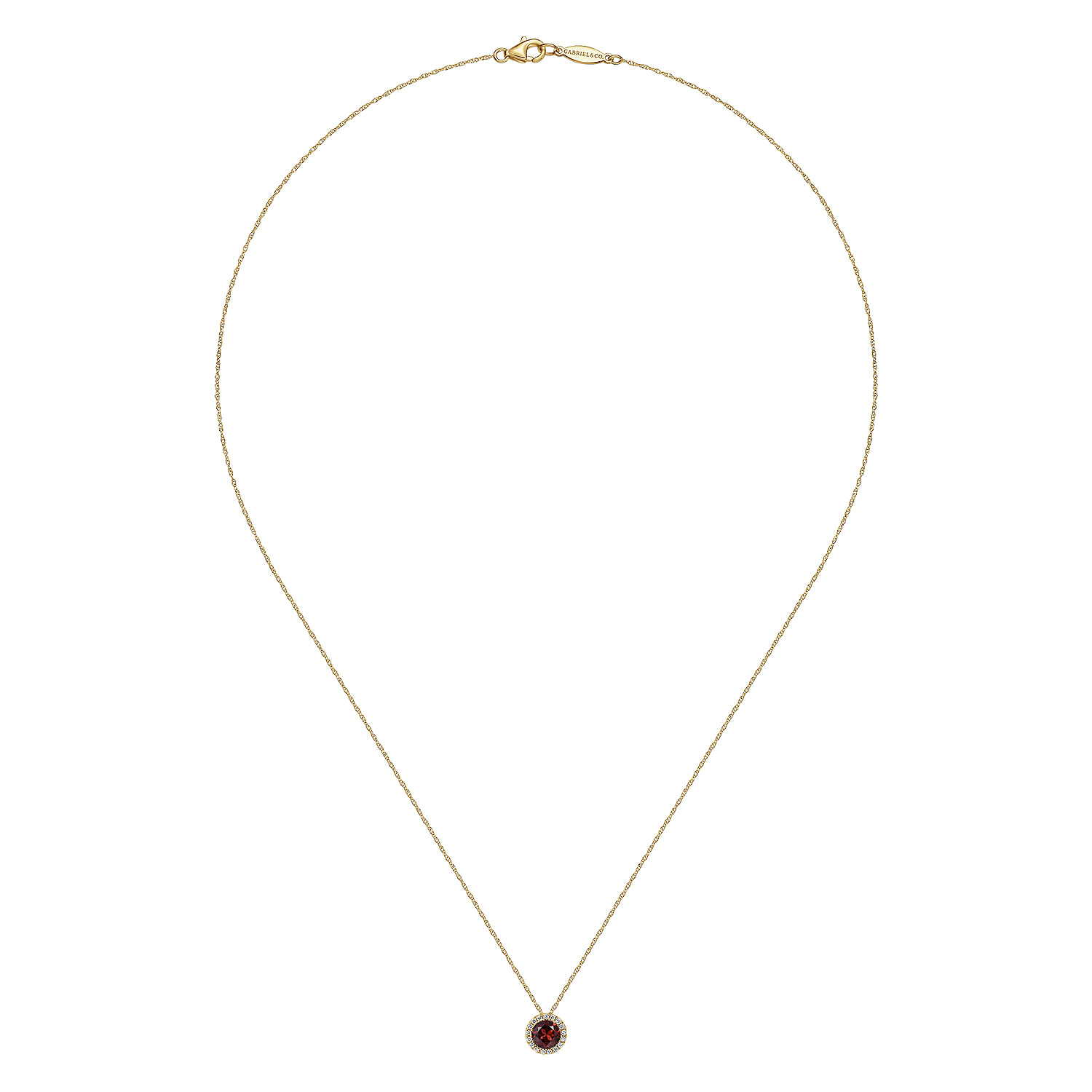 14K Yellow Gold Garnet and Diamond Halo Pendant Necklace