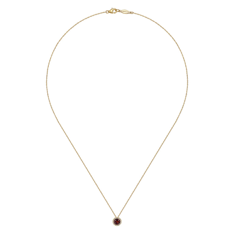 14K Yellow Gold Garnet and Diamond Halo Pendant Necklace - 0.07 ct - Shot 2