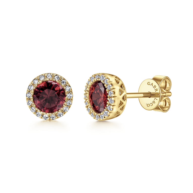 14K Yellow Gold Garnet and Diamond Halo Stud Earrings - 0.1 ct - Shot 1