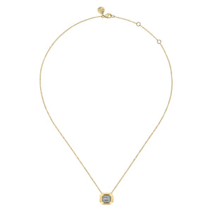 14K Yellow Gold Geometric Baguette and Round Diamond Pendant Necklace
