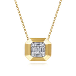 14K Yellow Gold Geometric Baguette and Round Diamond Pendant Necklace