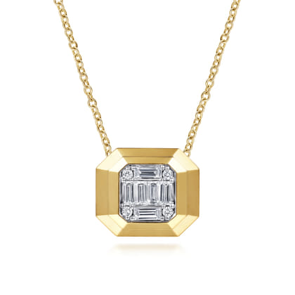 14K Yellow Gold Geometric Baguette and Round Diamond Pendant Necklace