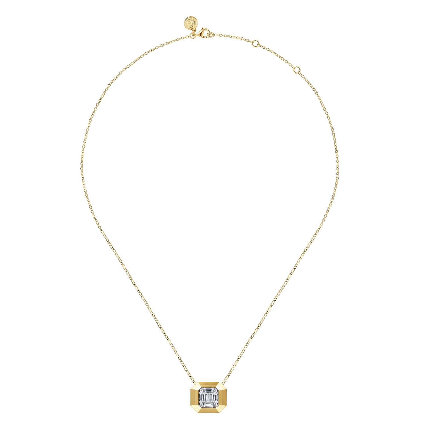 14K Yellow Gold Geometric Baguette and Round Diamond Pendant Necklace - 0.75 ct - Shot 2
