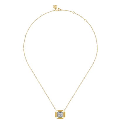 14K Yellow Gold Geometric Baguette and Round Diamond Pendant Necklace