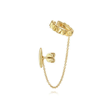 14K Yellow Gold Geometric Bar and Chain Drop Single Stud and Ear Cuff