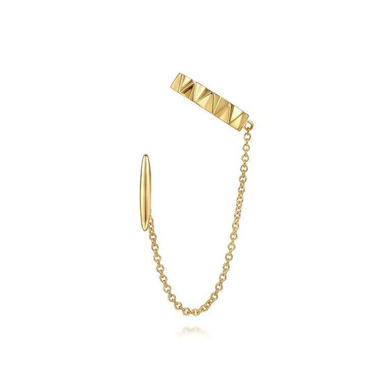 14K Yellow Gold Geometric Bar and Chain Drop Single Stud and Ear Cuff - Shot 2