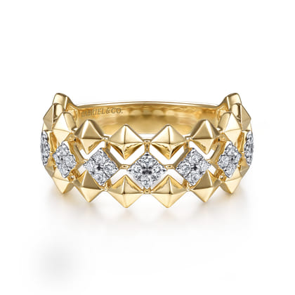 14K Yellow Gold Geometric Diamond Station Grommet Ring