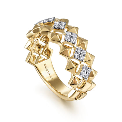 14K Yellow Gold Geometric Diamond Station Grommet Ring
