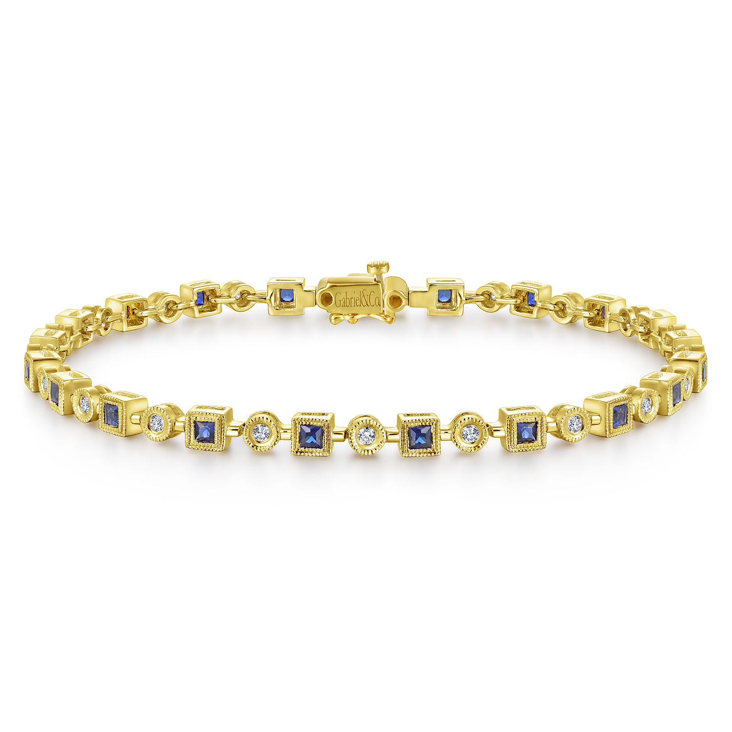 14K Yellow Gold Geometric Diamond and Sapphire Tennis Bracelet