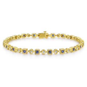 14K Yellow Gold Geometric Diamond and Sapphire Tennis Bracelet