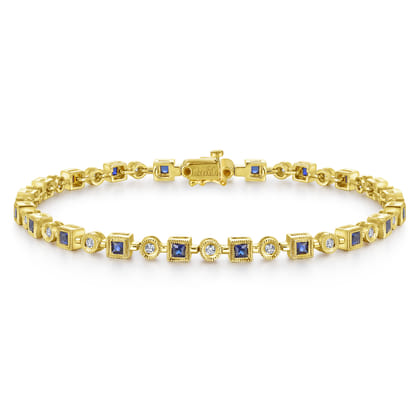 14K Yellow Gold Geometric Diamond and Sapphire Tennis Bracelet