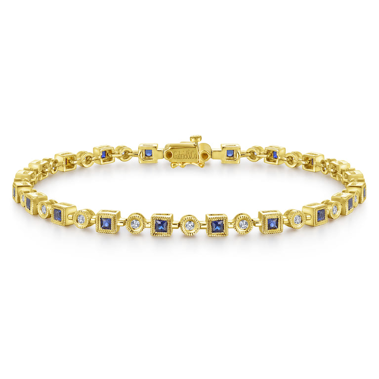 14K Yellow Gold Geometric Diamond and Sapphire Tennis Bracelet - 0.3 ct - Shot 1