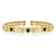 14K Yellow Gold Geometric Open Cuff Bracelet with Black Spinel Stations