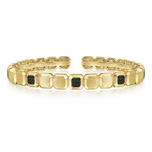 14K Yellow Gold Geometric Open Cuff Bracelet with Black Spinel Stations