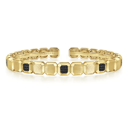 14K Yellow Gold Geometric Open Cuff Bracelet with Black Spinel Stations
