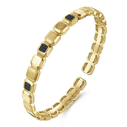 14K Yellow Gold Geometric Open Cuff Bracelet with Black Spinel Stations
