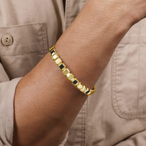 14K Yellow Gold Geometric Open Cuff Bracelet with Black Spinel Stations