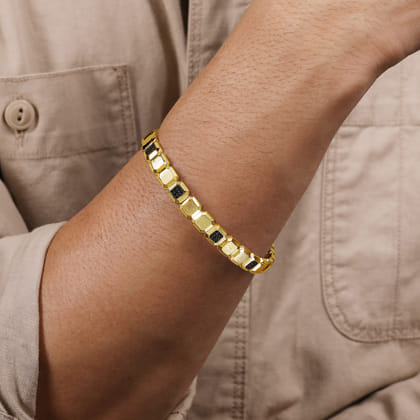 14K Yellow Gold Geometric Open Cuff Bracelet with Black Spinel Stations