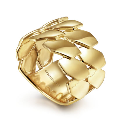 14K Yellow Gold Geometric Pattern Wide Band Ring