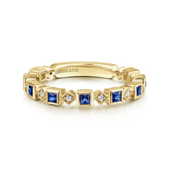 14K Yellow Gold Geometric Sapphire and Diamond Stackable Ring