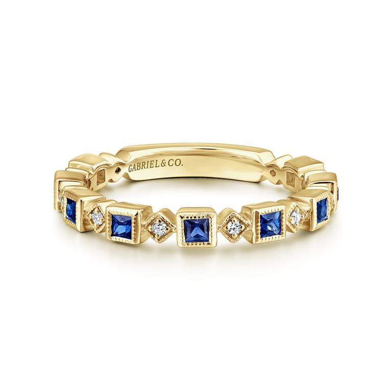 14K Yellow Gold Geometric Sapphire and Diamond Stackable Ring - 0.07 ct - Shot 1
