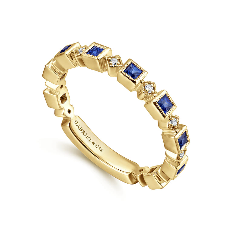 14K Yellow Gold Geometric Sapphire and Diamond Stackable Ring - 0.07 ct - Shot 3