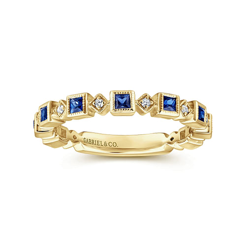 14K Yellow Gold Geometric Sapphire and Diamond Stackable Ring - 0.07 ct - Shot 4