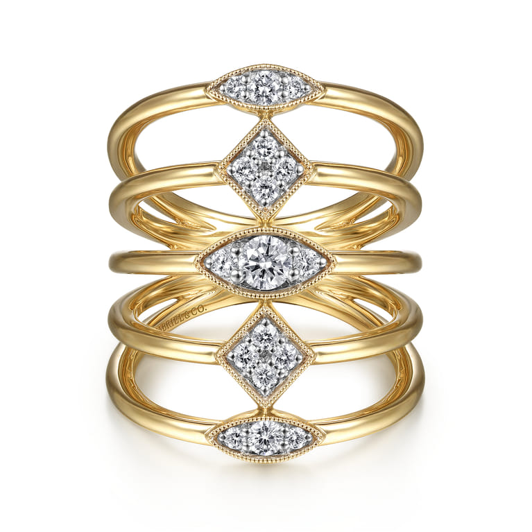 14K Yellow Gold Geometric Station Diamond Pave Statement Ring - 0.45 ct - Shot 1