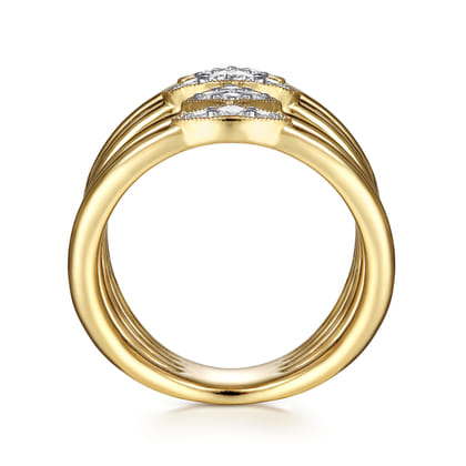 14K Yellow Gold Geometric Station Diamond Pave Statement Ring