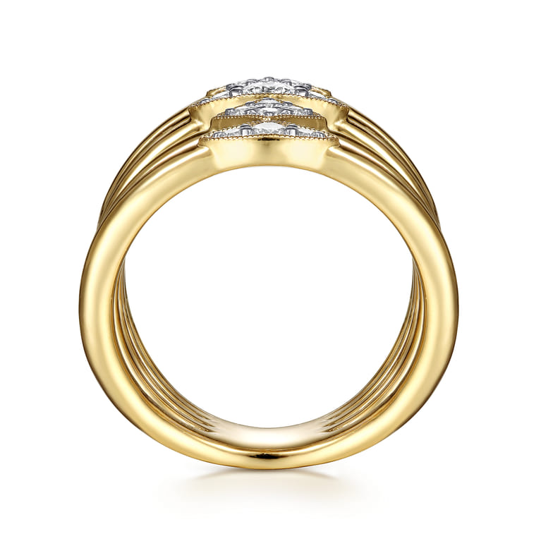 14K Yellow Gold Geometric Station Diamond Pave Statement Ring - 0.45 ct - Shot 2