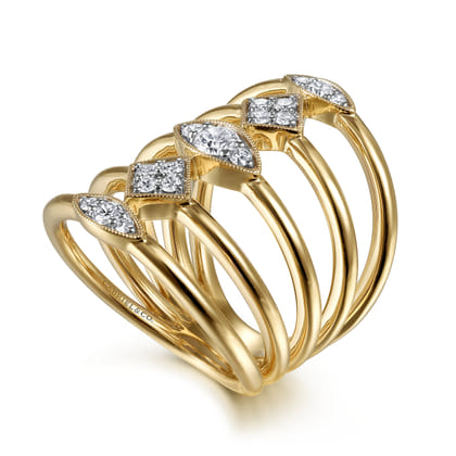 14K Yellow Gold Geometric Station Diamond Pave Statement Ring