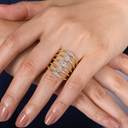 14K Yellow Gold Geometric Station Diamond Pave Statement Ring