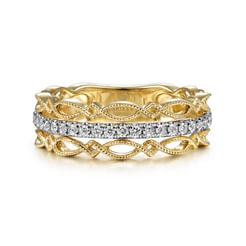 14K Yellow Gold Geometric and Diamond Three Row Stackable Ring