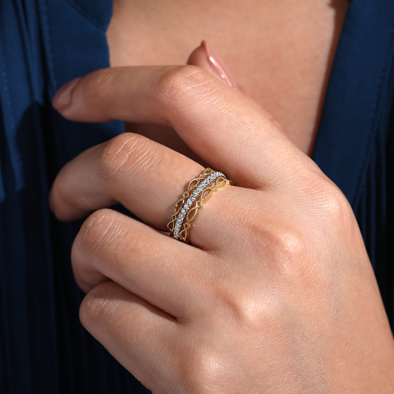14K Yellow Gold Geometric and Diamond Three Row Stackable Ring - 0.23 ct - Shot 5